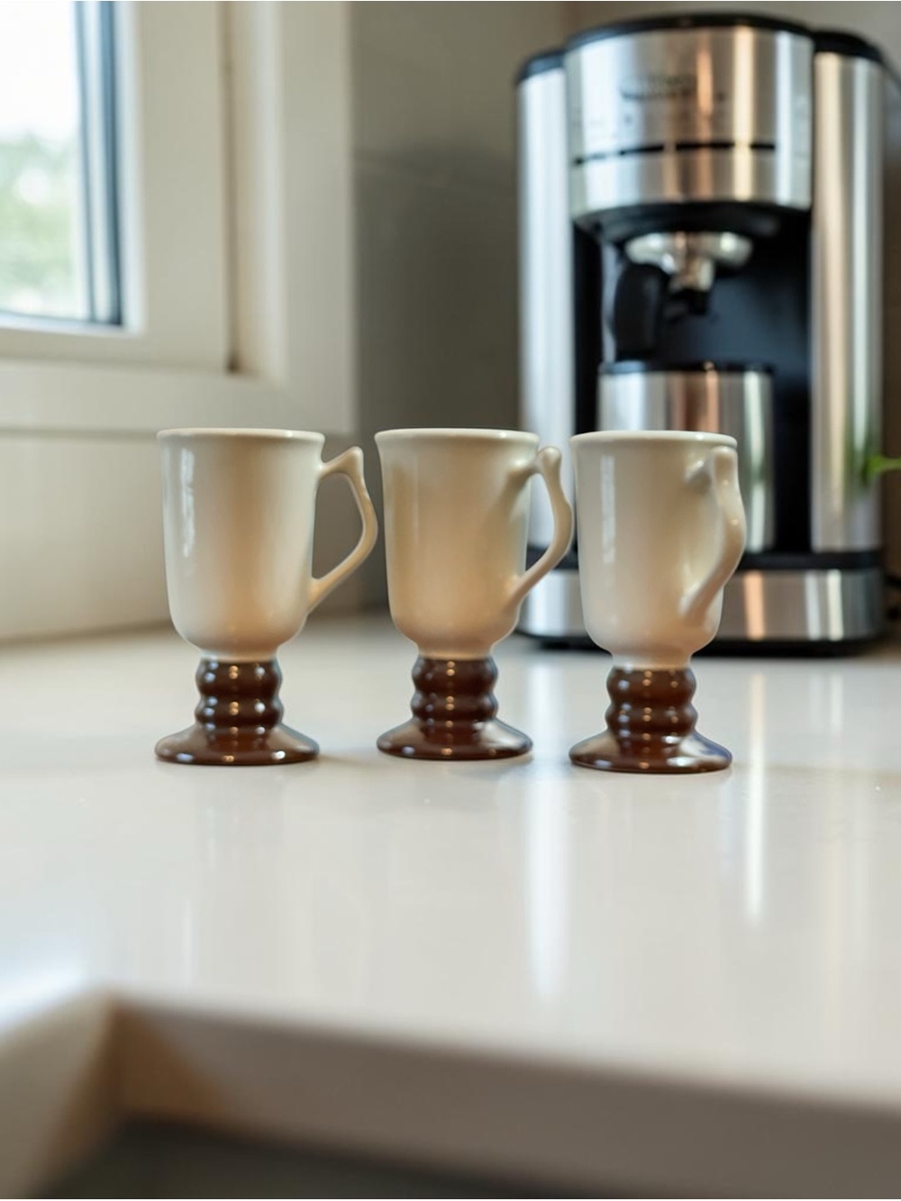 Hall China Cappuccino Mugs #1273 Set of 3 White & Brown Pedestal Coffee Cups Vtg